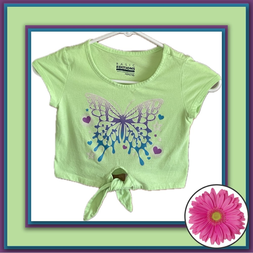 3/$10, 5/$15 - Basic Editions Girls Butterfly Graphic Tie-Front Cropped Tee